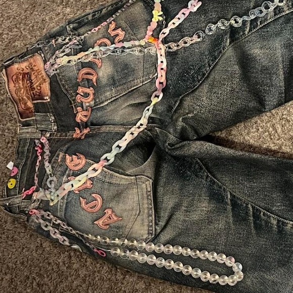 Acne Distressed Blue Jeans with Colorful Chains